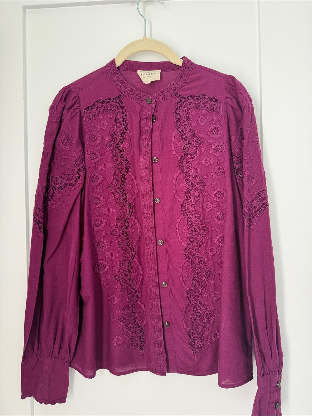 Sezane Magenta purple Lace-Panel Button-Down Shirt
